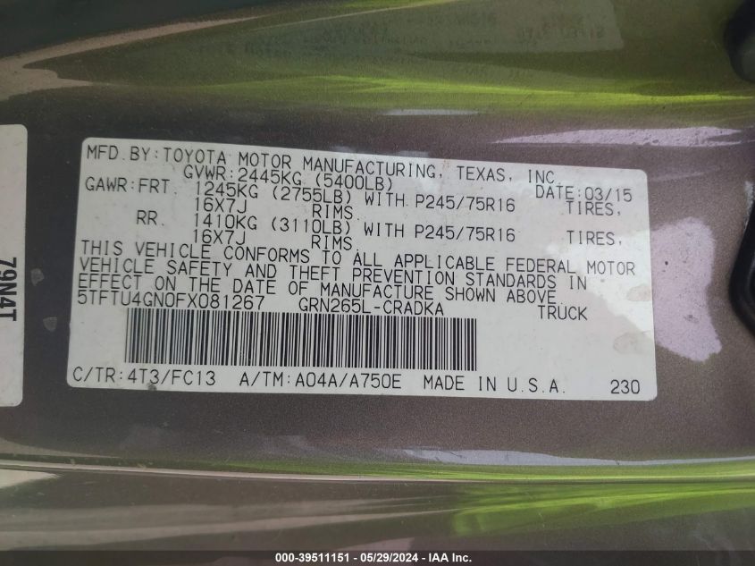 2015 Toyota Tacoma Prerunner V6 VIN: 5TFTU4GN0FX081267 Lot: 39511151