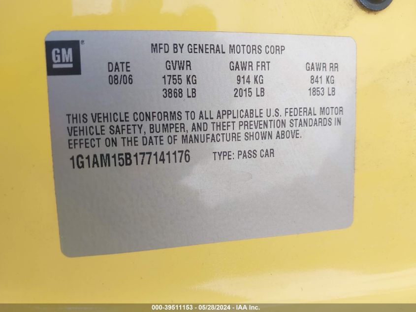 2007 Chevrolet Cobalt Ss VIN: 1G1AM15B177141176 Lot: 39511153