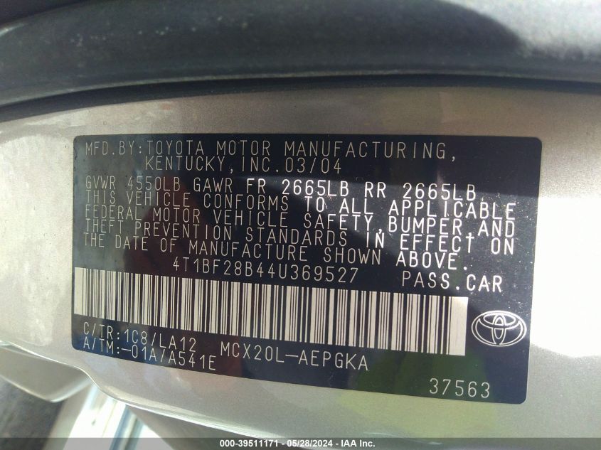 2004 Toyota Avalon Xls VIN: 4T1BF28B44U369527 Lot: 39511171