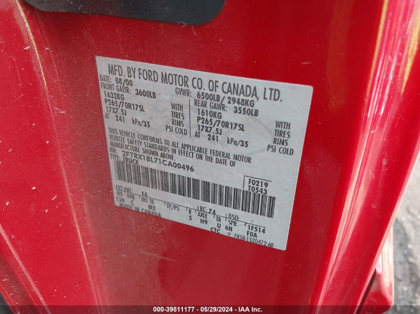 2001 Ford F-150 Lariat/Xl/Xlt VIN: 2FTRX18L71CA00496 Lot: 39511177