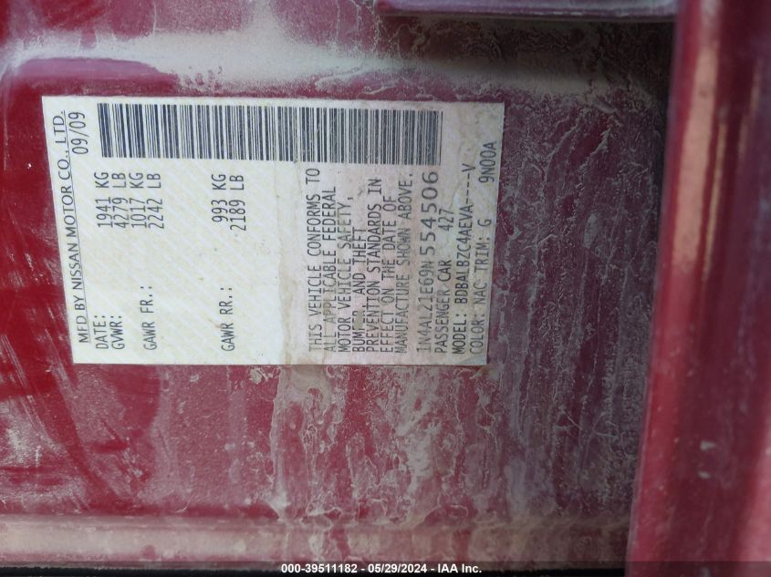 2009 Nissan Altima 2.5 S VIN: 1N4AL21E69N554506 Lot: 39511182