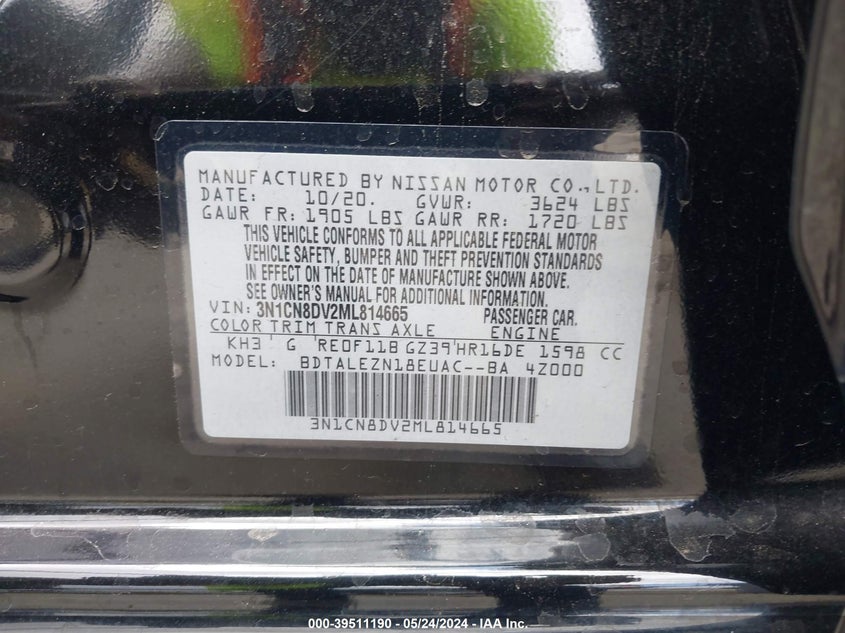 2021 Nissan Versa S Xtronic Cvt VIN: 3N1CN8DV2ML814665 Lot: 39511190