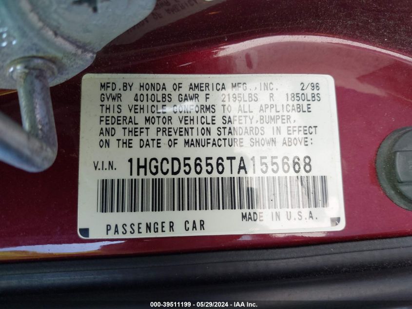 1996 Honda Accord Ex/Ex-R VIN: 1HGCD5656TA155668 Lot: 39511199