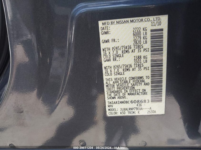 2011 Nissan Pathfinder S VIN: 5N1AR1NN0BC608683 Lot: 39511204