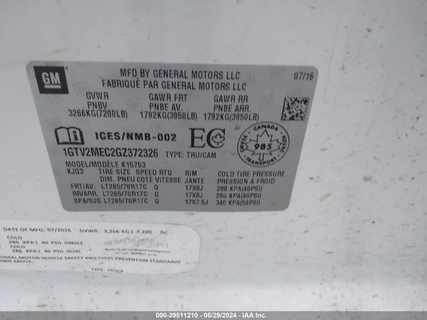 2016 GMC Sierra 1500 Sle VIN: 1GTV2MEC2GZ372326 Lot: 39511210