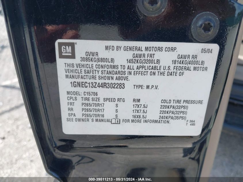 2004 Chevrolet Tahoe Lt VIN: 1GNEC13Z44R302283 Lot: 39511213