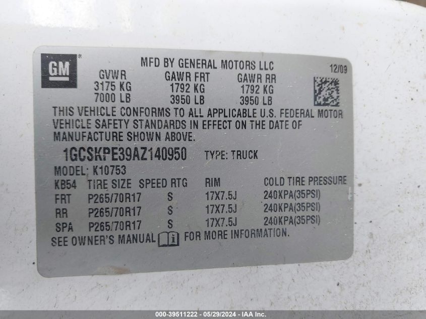 2010 Chevrolet Silverado 1500 Work Truck VIN: 1GCSKPE39AZ140950 Lot: 39511222