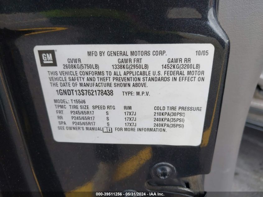 2006 Chevrolet Trailblazer Lt VIN: 1GNDT13S762178438 Lot: 39511256