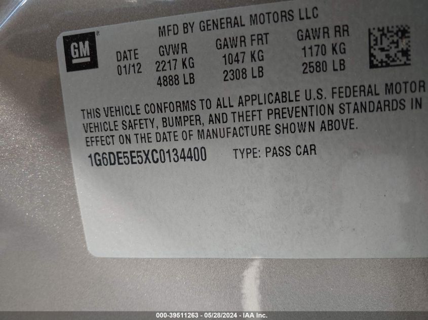 2012 Cadillac Cts Luxury VIN: 1G6DE5E5XC0134400 Lot: 39511263