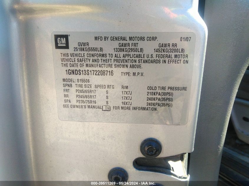 2007 Chevrolet Trailblazer Ls/Lt VIN: 1GNDS13S172208716 Lot: 39511269