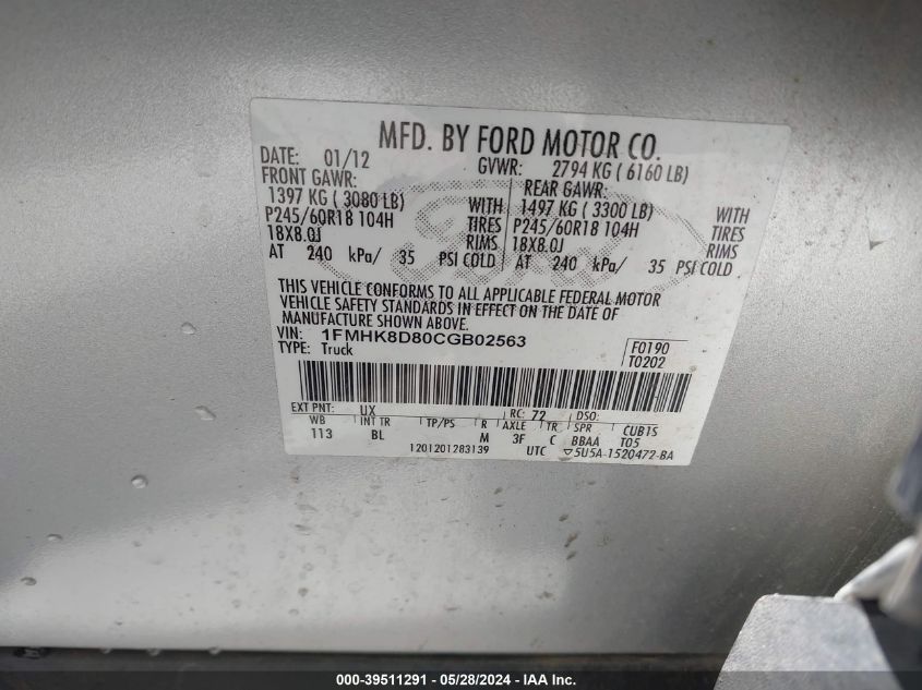 2012 Ford Explorer Xlt VIN: 1FMHK8D80CGB02563 Lot: 39511291