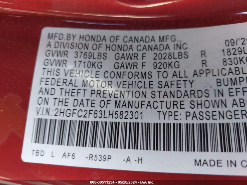 2020 Honda Civic Lx VIN: 2HGFC2F63LH582301 Lot: 39511294