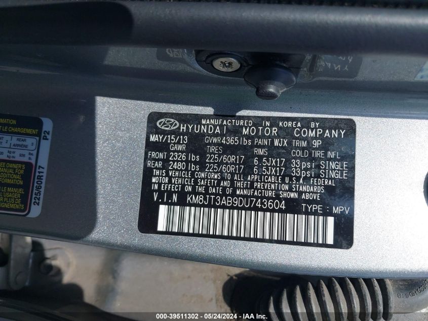 2013 Hyundai Tucson Gl VIN: KM8JT3AB9DU743604 Lot: 39511302