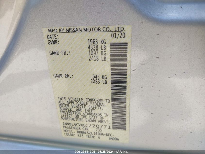 2020 Nissan Altima Sr Fwd VIN: 1N4BL4CVXLC220771 Lot: 39511305