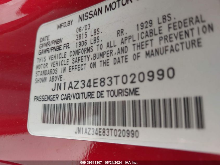 2003 Nissan 350Z VIN: JN1AZ34E83T020990 Lot: 39511307