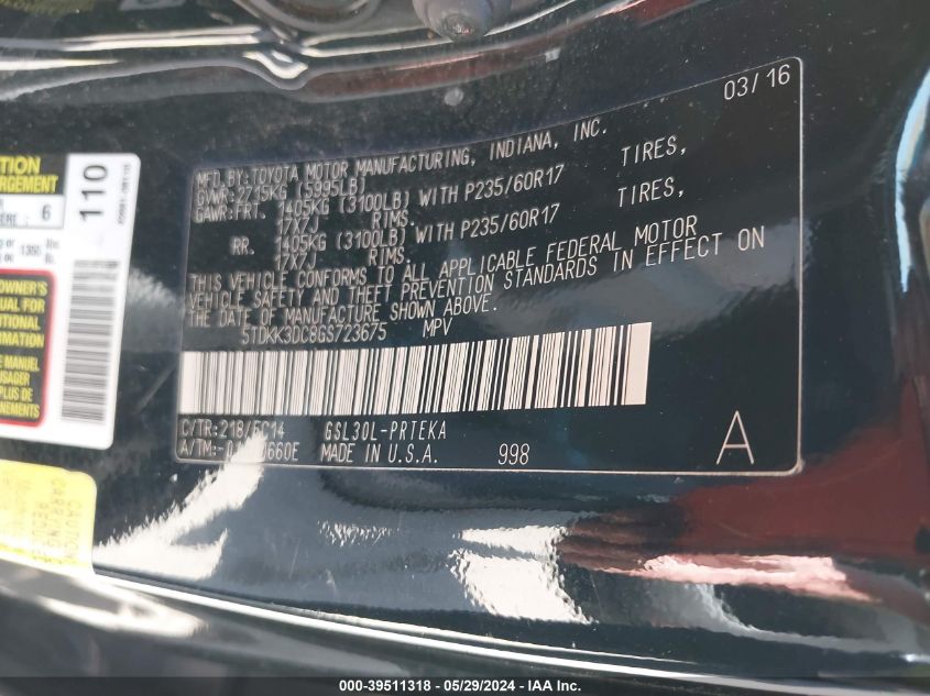 2016 Toyota Sienna Le 8 Passenger VIN: 5TDKK3DC8GS723675 Lot: 39511318