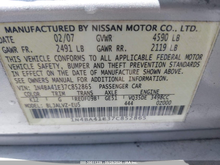 2007 Nissan Maxima 3.5 Se VIN: 1N4BA41E37C852865 Lot: 39511339