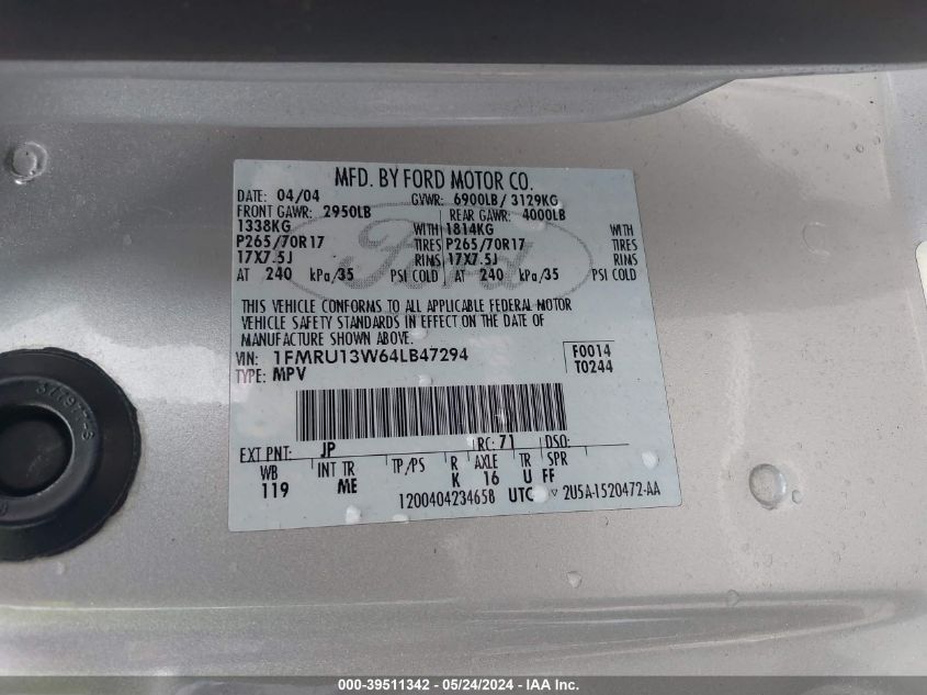 2004 Ford Expedition Xls VIN: 1FMRU13W64LB47294 Lot: 39511342