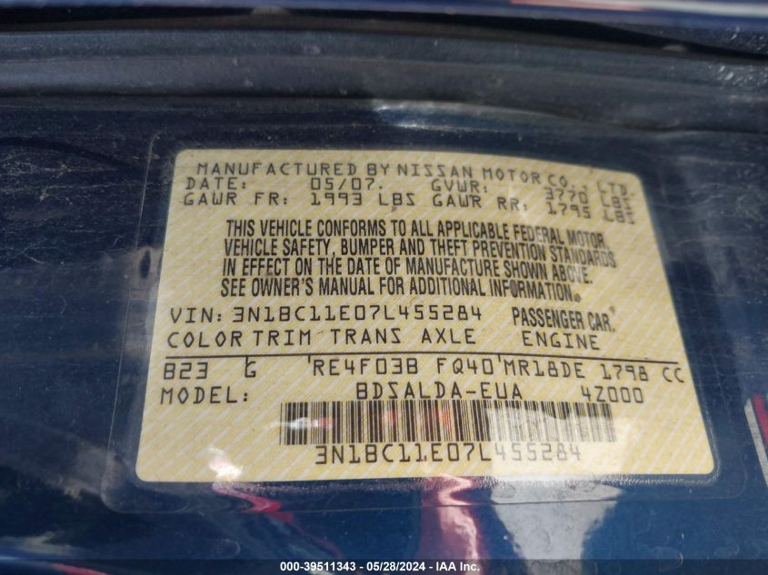 2007 Nissan Versa 1.8S VIN: 3N1BC11E07L455284 Lot: 39511343