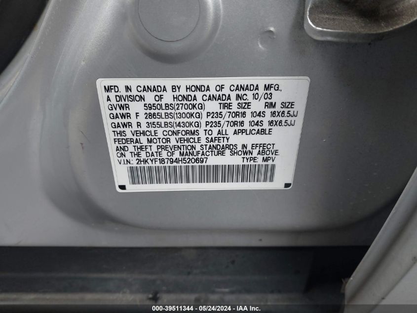 2004 Honda Pilot Ex-L VIN: 2HKYF18794H520697 Lot: 39511344