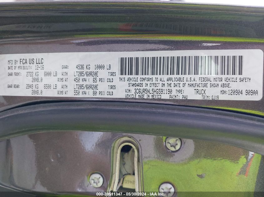 2017 Ram 2500 Laramie Mega Cab 4X4 6'4 Box VIN: 3C6UR5NL5HG591190 Lot: 39511347