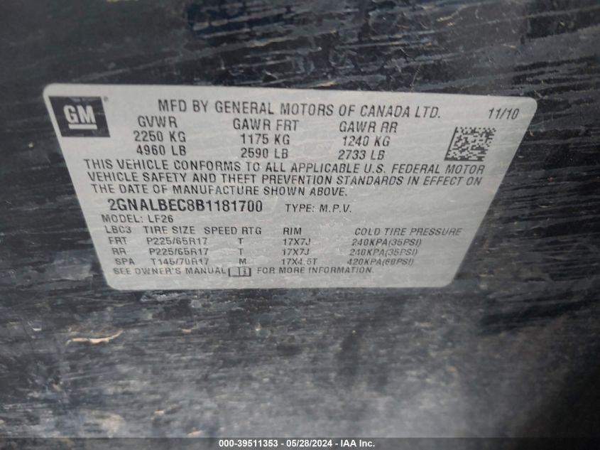 2011 Chevrolet Equinox Ls VIN: 2GNALBEC8B1181700 Lot: 39511353