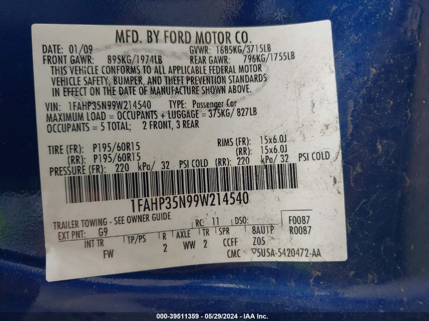 1FAHP35N99W214540 | 2009 FORD FOCUS