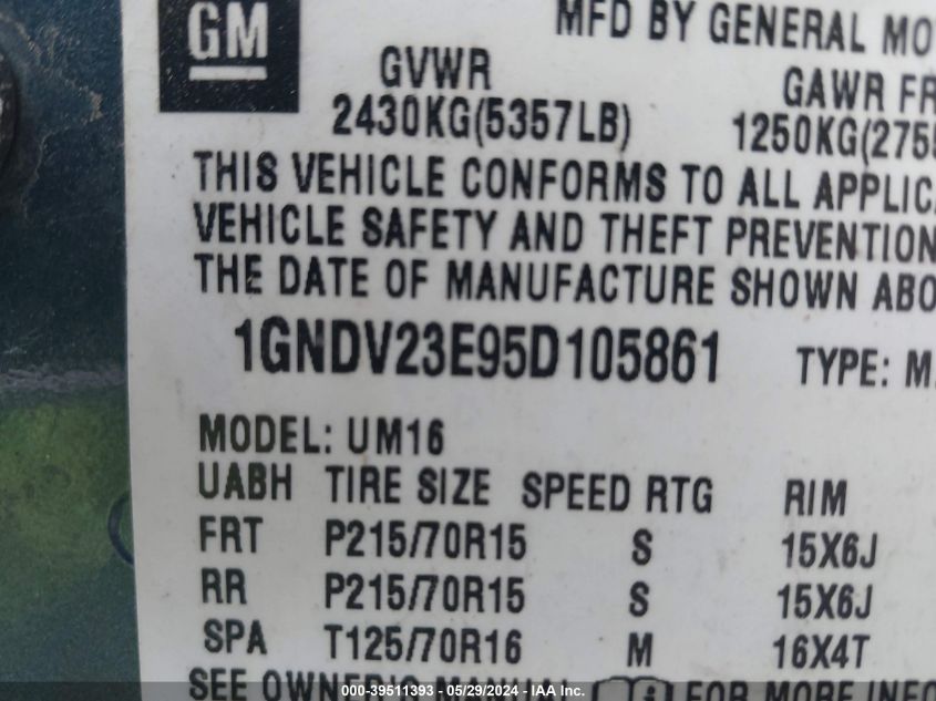 2005 Chevrolet Venture Ls VIN: 1GNDV23E95D105861 Lot: 39511393