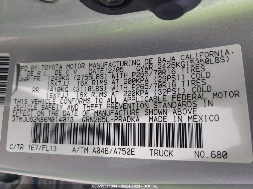 2006 Toyota Tacoma Prerunner V6 VIN: 3TMJU62N86M014013 Lot: 39511394