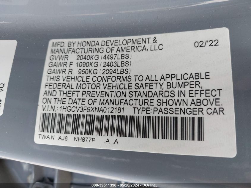 2022 Honda Accord Touring Hybrid VIN: 1HGCV3F9XNA012181 Lot: 39511398