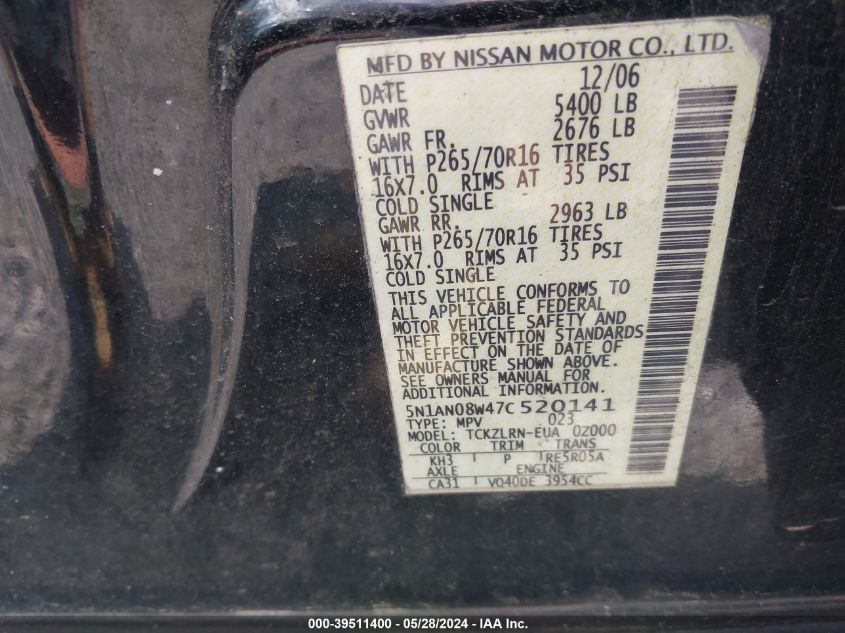 2007 Nissan Xterra S VIN: 5N1AN08W47C520141 Lot: 39511400