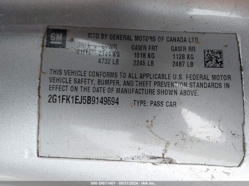 2011 Chevrolet Camaro 2Ss VIN: 2G1FK1EJ5B9149694 Lot: 39511401