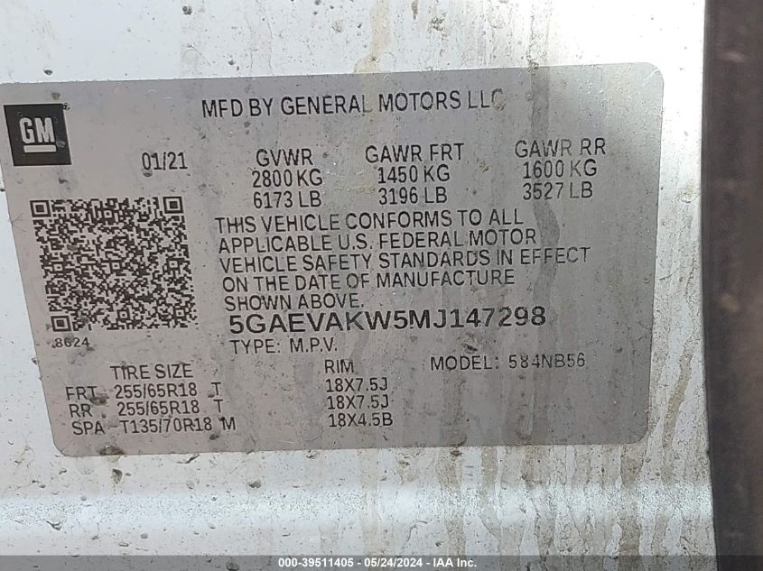 2021 Buick Enclave Awd Essence VIN: 5GAEVAKW5MJ147298 Lot: 39511405