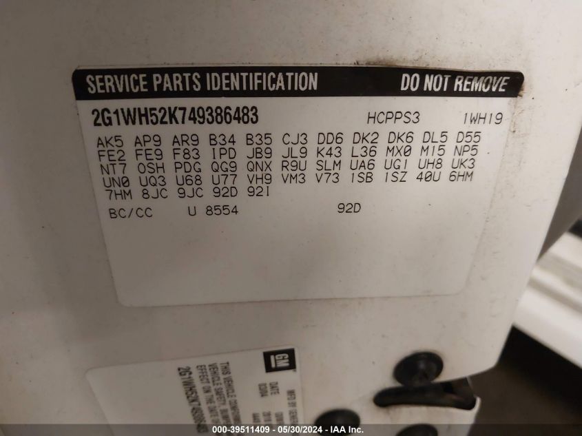 2004 Chevrolet Impala Ls VIN: 2G1WH52K749386483 Lot: 39511409