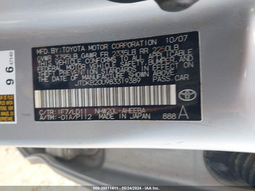 2008 Toyota Prius Touring VIN: JTDKB20U983319389 Lot: 39511411