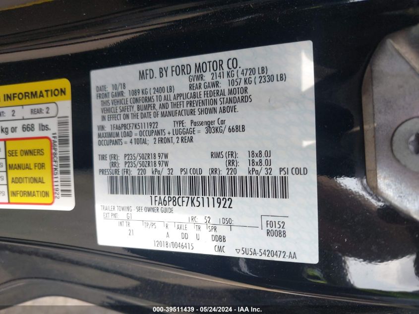 2019 Ford Mustang Gt VIN: 1FA6P8CF7K5111922 Lot: 39511439