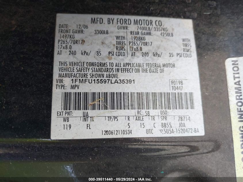 2007 Ford Expedition Xlt VIN: 1FMFU15597LA35391 Lot: 39511440