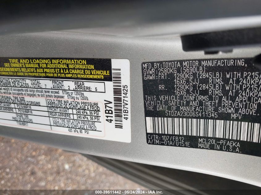 2006 Toyota Sienna Ce VIN: 5TDZA23C06S411345 Lot: 39511442