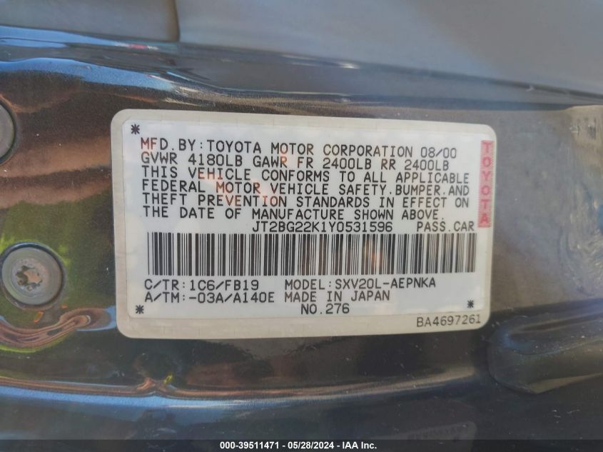 2000 Toyota Camry Ce/Le/Xle VIN: JT2BG22K1Y0531596 Lot: 39511471