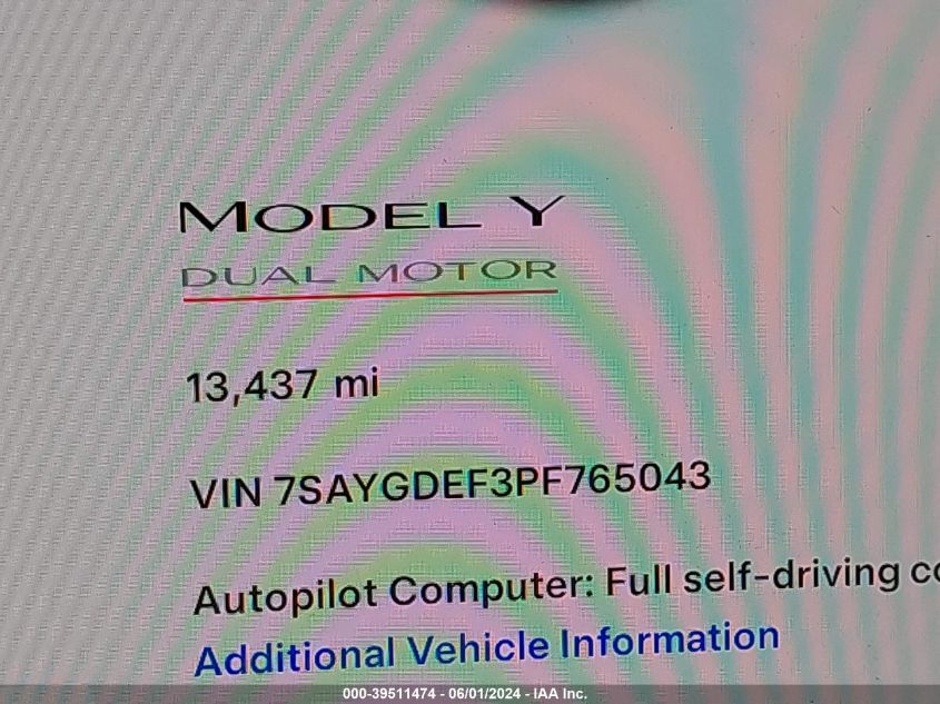 2023 Tesla Model Y Awd/Performance Dual Motor All-Wheel Drive VIN: 7SAYGDEF3PF765043 Lot: 39511474