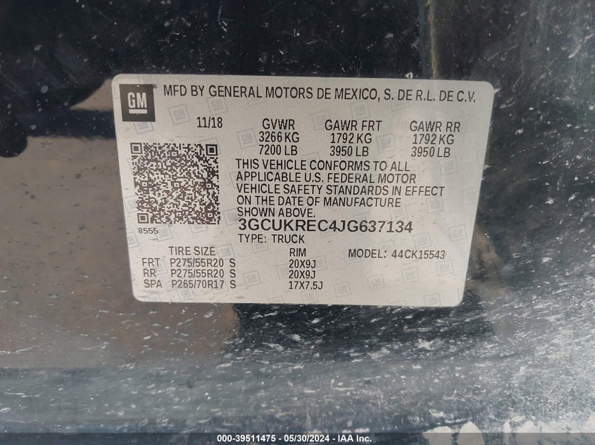 2018 Chevrolet Silverado 1500 2Lt VIN: 3GCUKREC4JG637134 Lot: 39511475