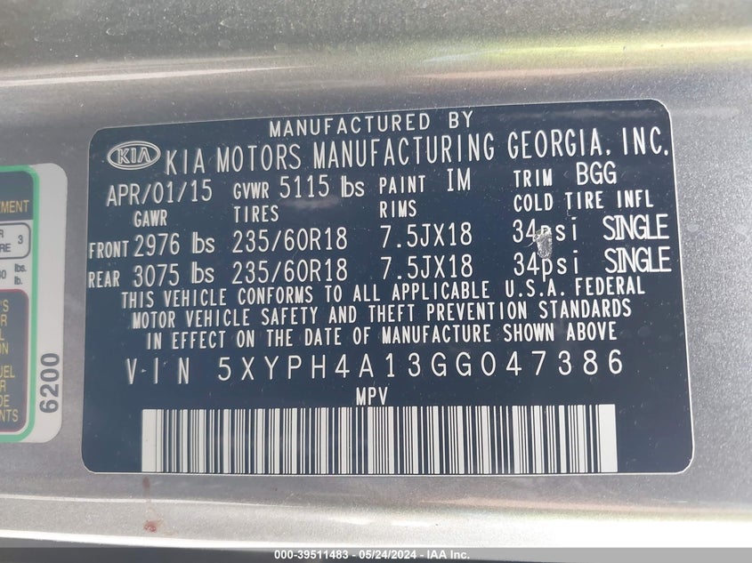 2016 Kia Sorento 2.0T Ex VIN: 5XYPH4A13GG047386 Lot: 39511483