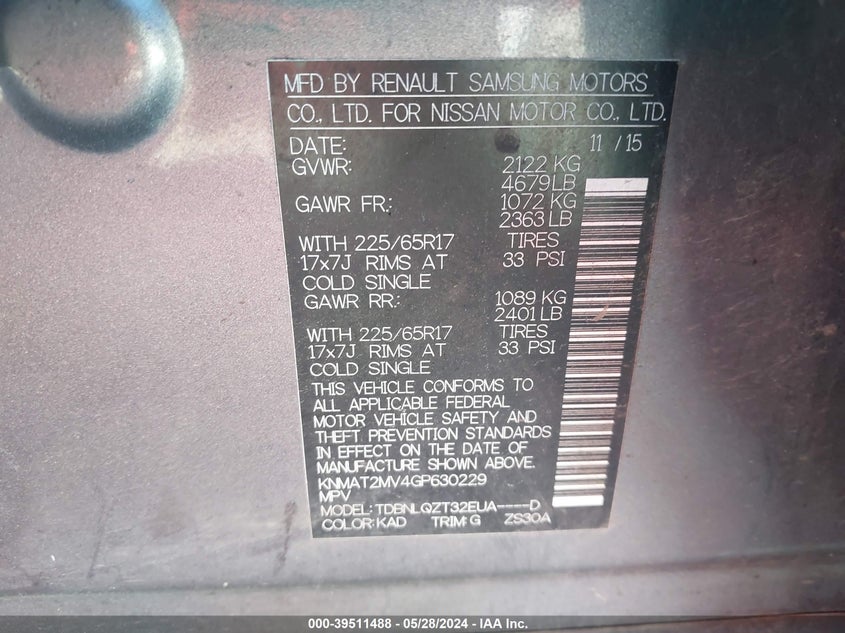 2016 Nissan Rogue Sv VIN: KNMAT2MV4GP630229 Lot: 39511488