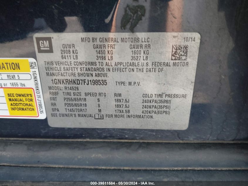 2015 Chevrolet Traverse 2Lt VIN: 1GNKRHKD7FJ198535 Lot: 39511584