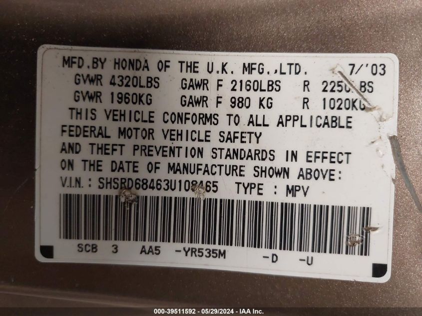 2003 Honda Cr-V Lx VIN: SHSRD68463U108465 Lot: 39511592