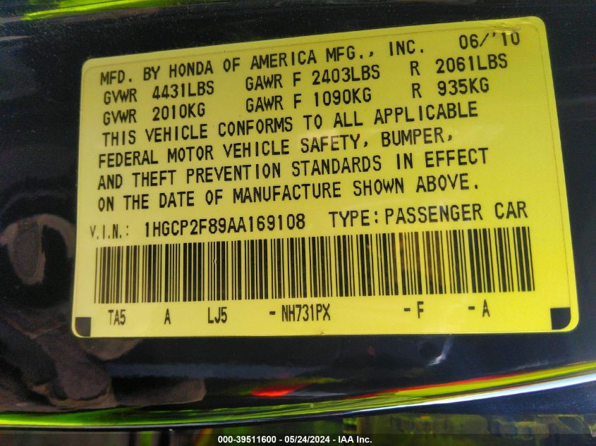 2010 Honda Accord 2.4 Ex-L VIN: 1HGCP2F89AA169108 Lot: 39511600
