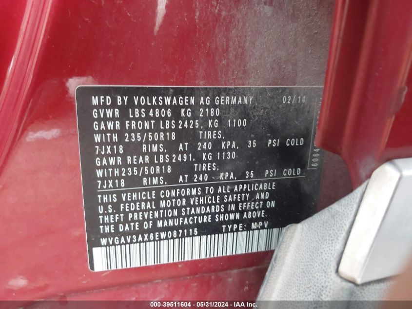 2014 Volkswagen Tiguan Sel VIN: WVGAV3AX6EW087115 Lot: 39511604