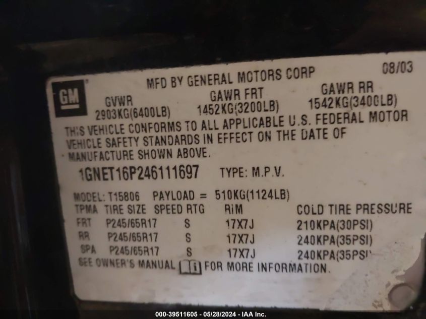 2004 Chevrolet Trailblazer Ext Lt VIN: 1GNET16P246111697 Lot: 39511605