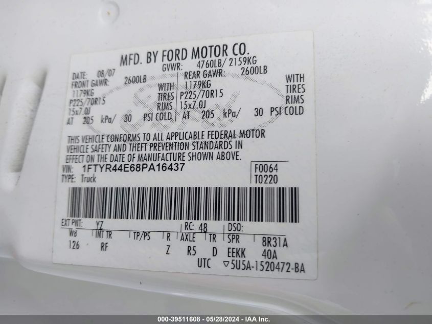 2008 Ford Ranger Sport/Xlt VIN: 1FTYR44E68PA16437 Lot: 39511608