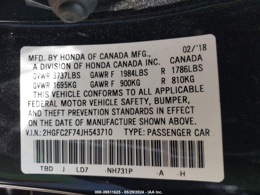 2018 Honda Civic Ex VIN: 2HGFC2F74JH543710 Lot: 39511625